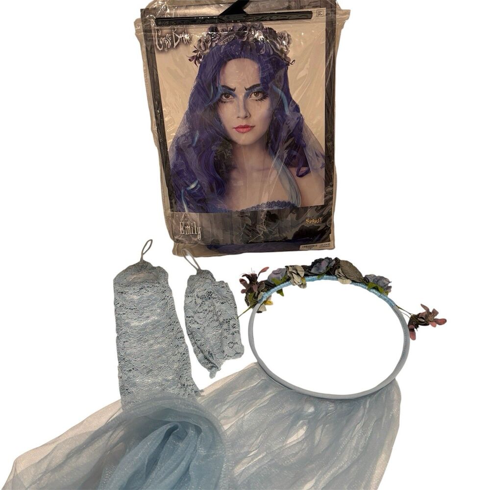 Spirit Halloween Corpse Bride Emily Flower Crown W/ Veil, Wig, Fingerless Gloves